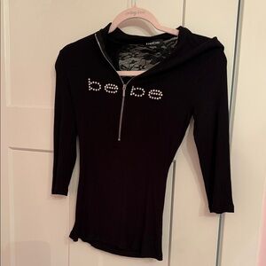 Bebe Black Lace Long Sleeve Top with Rhinestone Logo